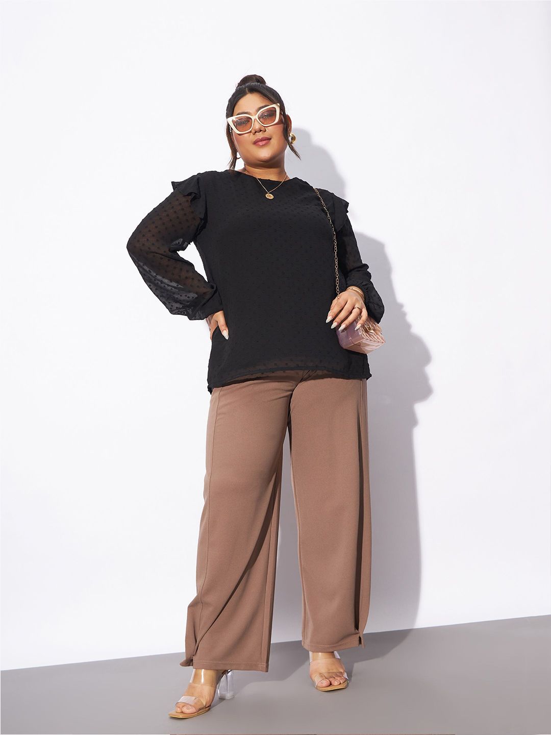 SASSAFRAS Curve Plus Size Self Design Puff Sleeves Ruffles Top