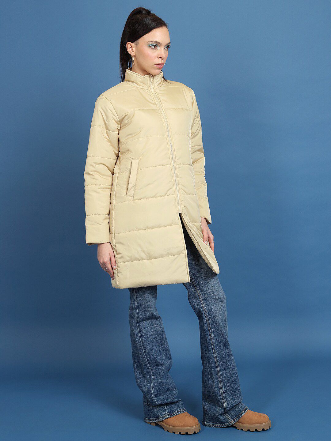 Tokyo Talkies Brown Mock Collar Longline Puffer Jacket