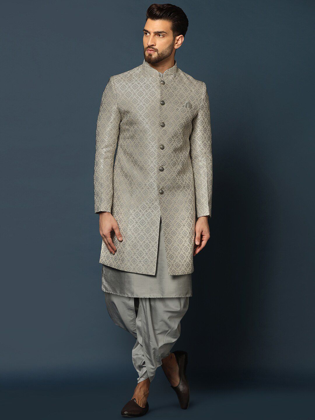 KISAH Men Woven-Design Cotton Indowestern Sherwani Dhoti Set