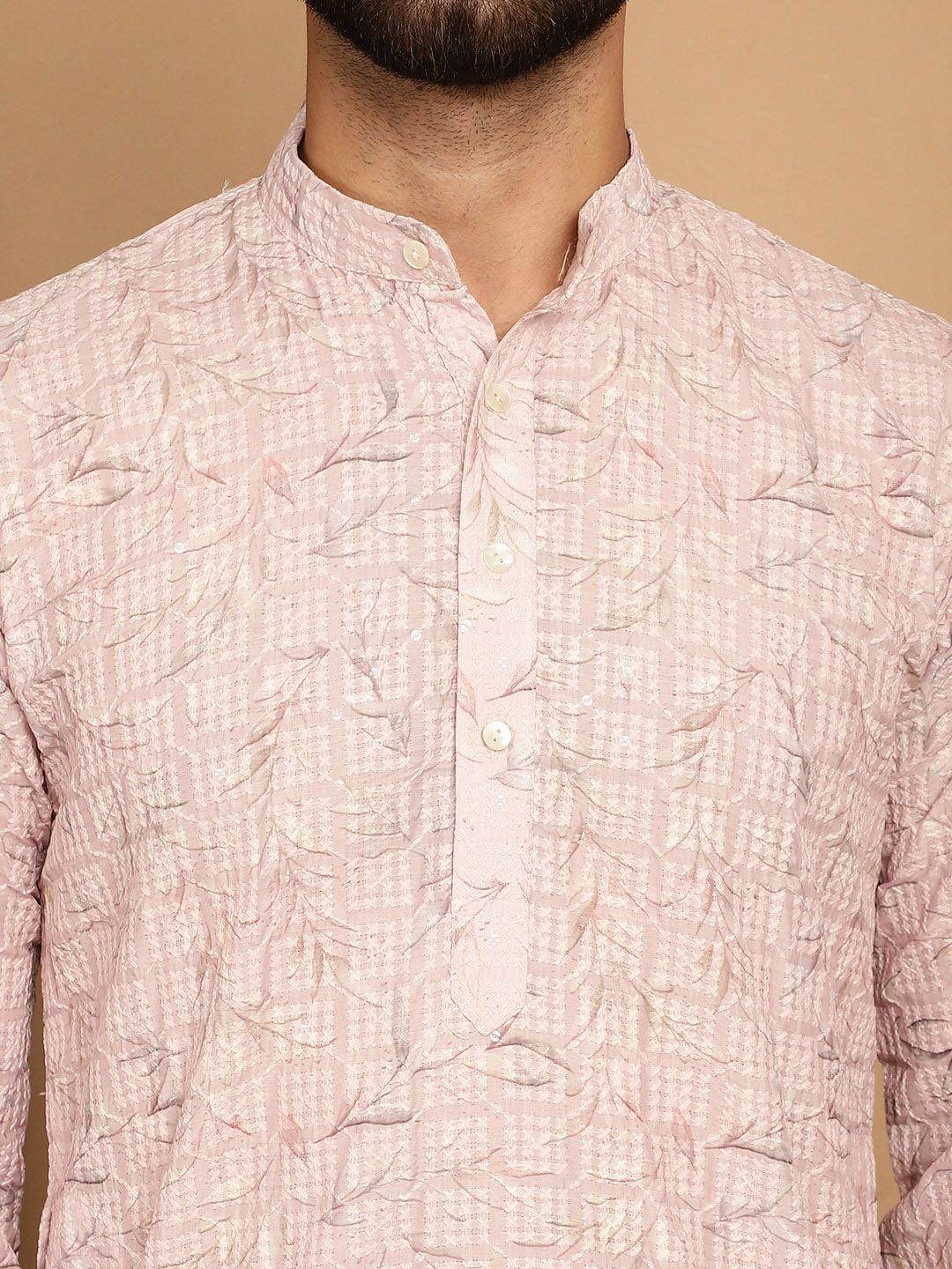SOJANYA Floral Printed Band Collar Thread Work Regular Pure Cotton Kurta with Churidar