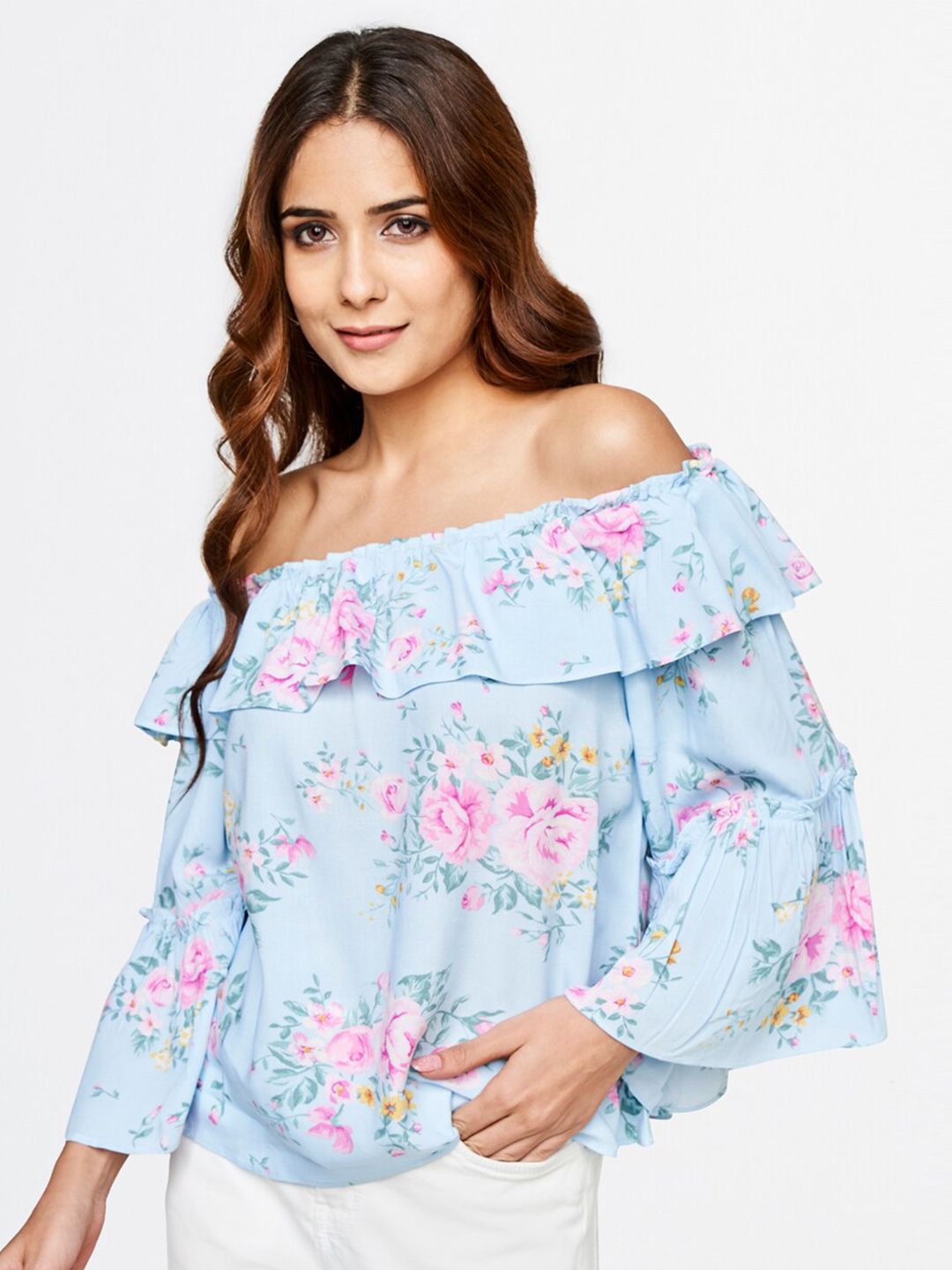 AND Blue Floral Print Off-Shoulder Bardot Top