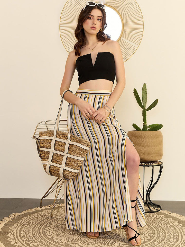 Berrylush Beige Striped High Rise Slit Flared Maxi Skirt