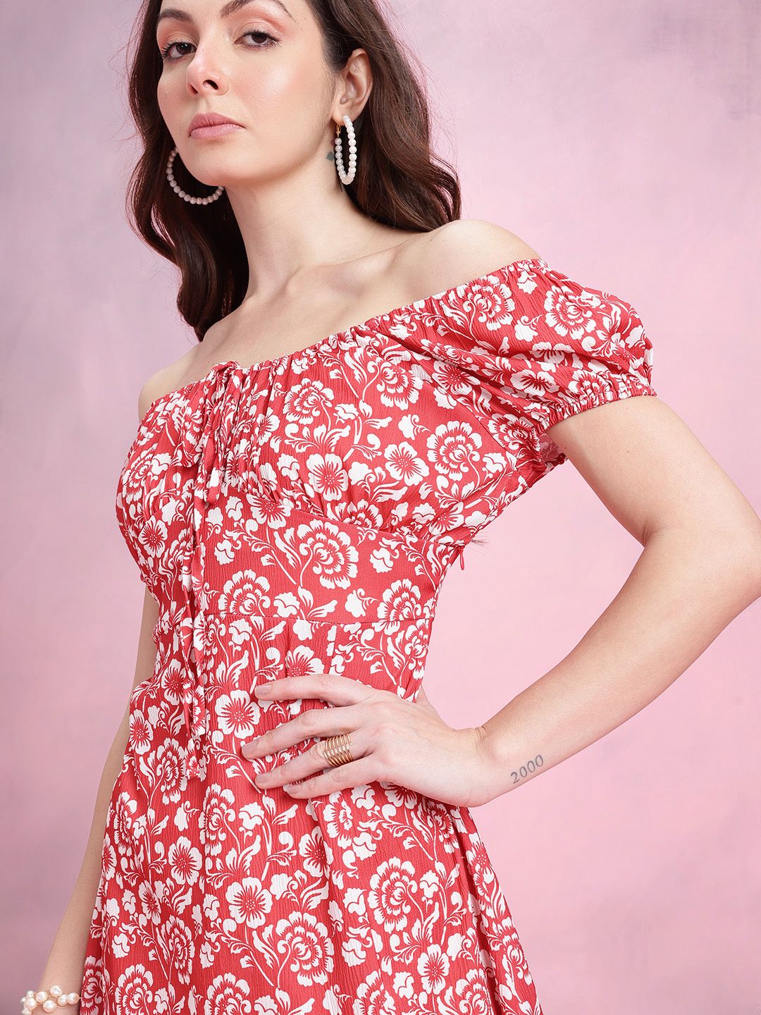 DressBerry Floral Printed Off-Shoulder Puff Sleeve Empire Dress with Slit Detail