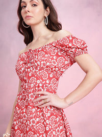 DressBerry Floral Printed Off-Shoulder Puff Sleeve Empire Dress with Slit Detail