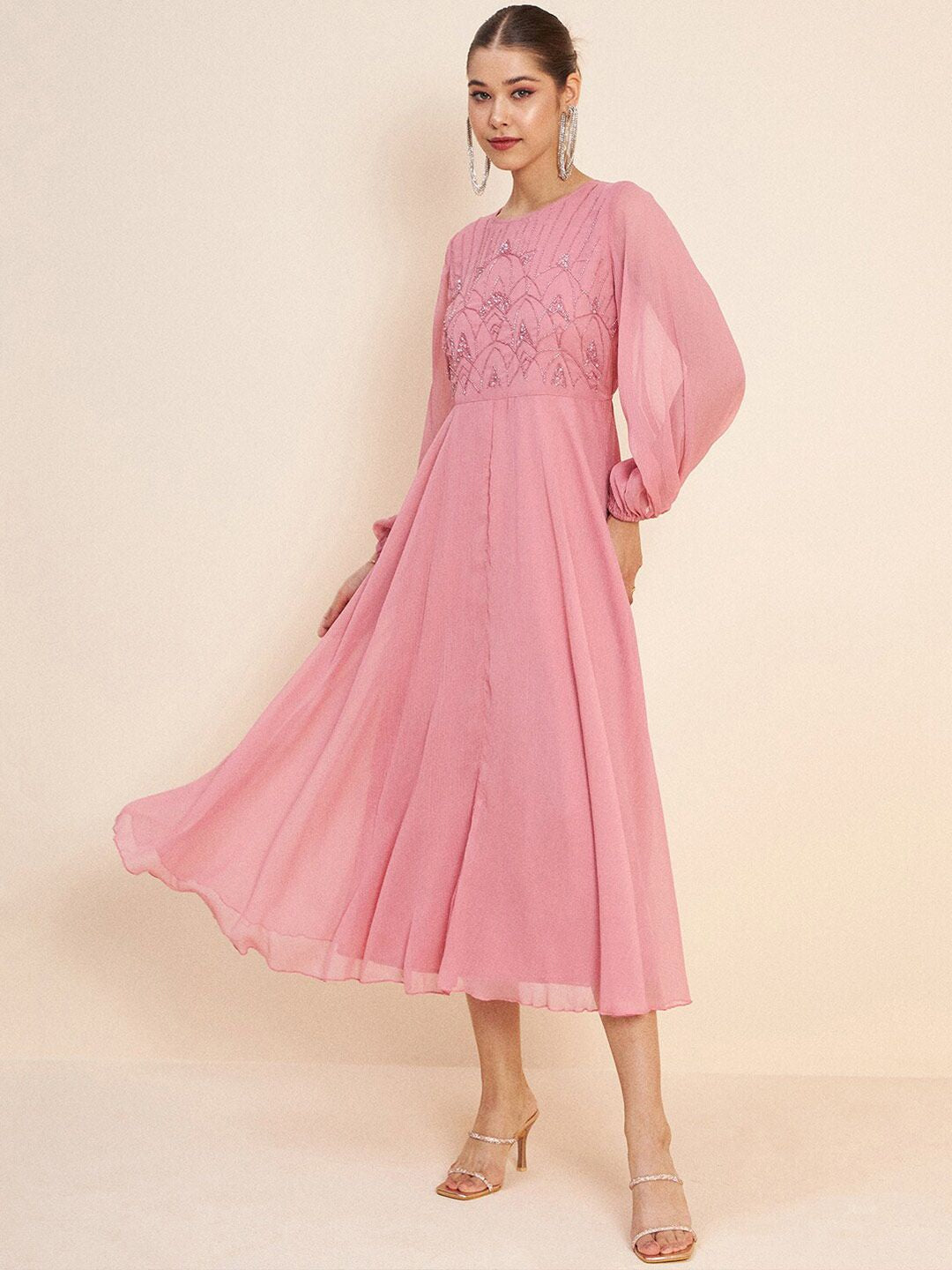 Antheaa Pink Embellished Puff Sleeves Gathered Fit & Flare Midi Dress
