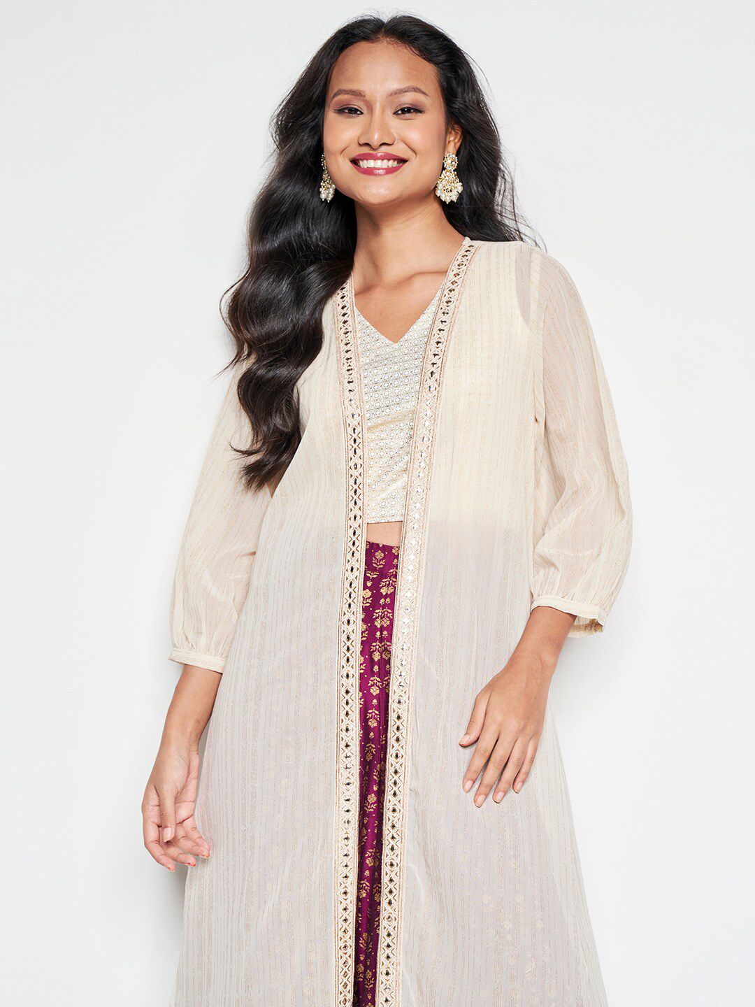 Global Desi Embellished Longline Open Front Shrug