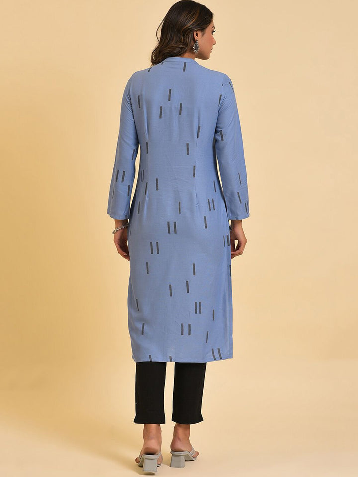 W Blue & Black Mandarin Collar Geometric Printed Kurta with Trousers