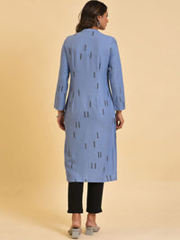 W Blue & Black Mandarin Collar Geometric Printed Kurta with Trousers