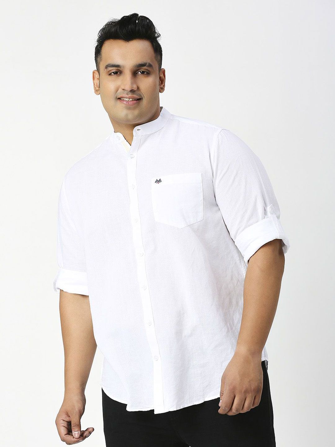 Thomas Scott Plus Size Premium Mandarin Collar Roll-Up Sleeves Cotton Linen Casual Shirt