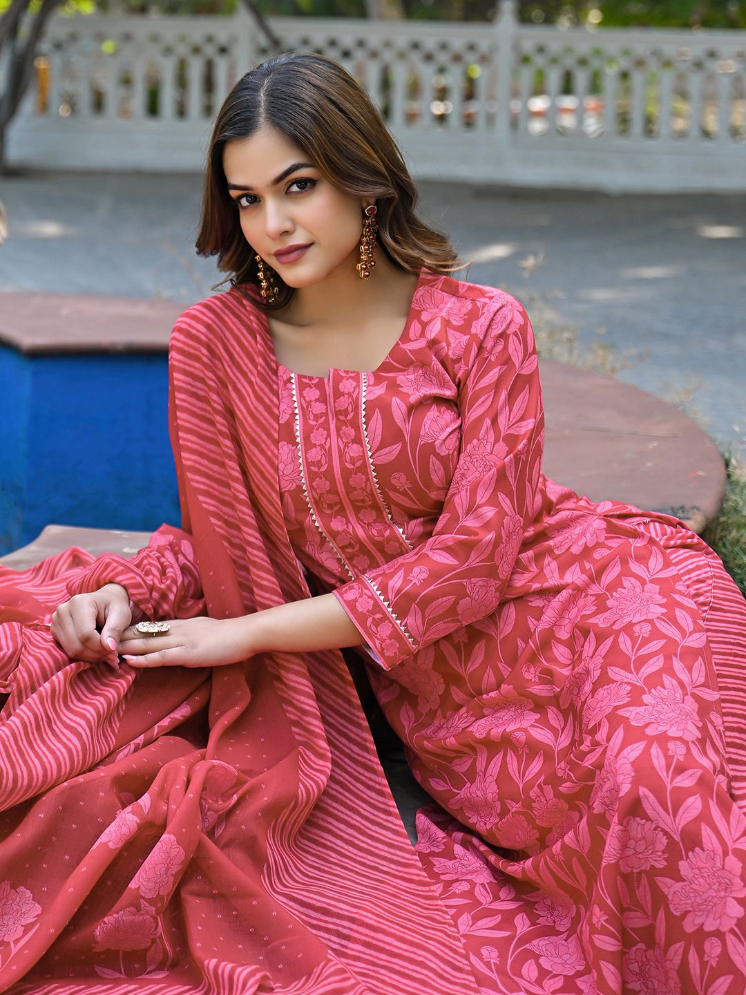 KALINI Floral Printed Notch Neck Gotta Patti Straight Kurta With Trousers & Dupatta