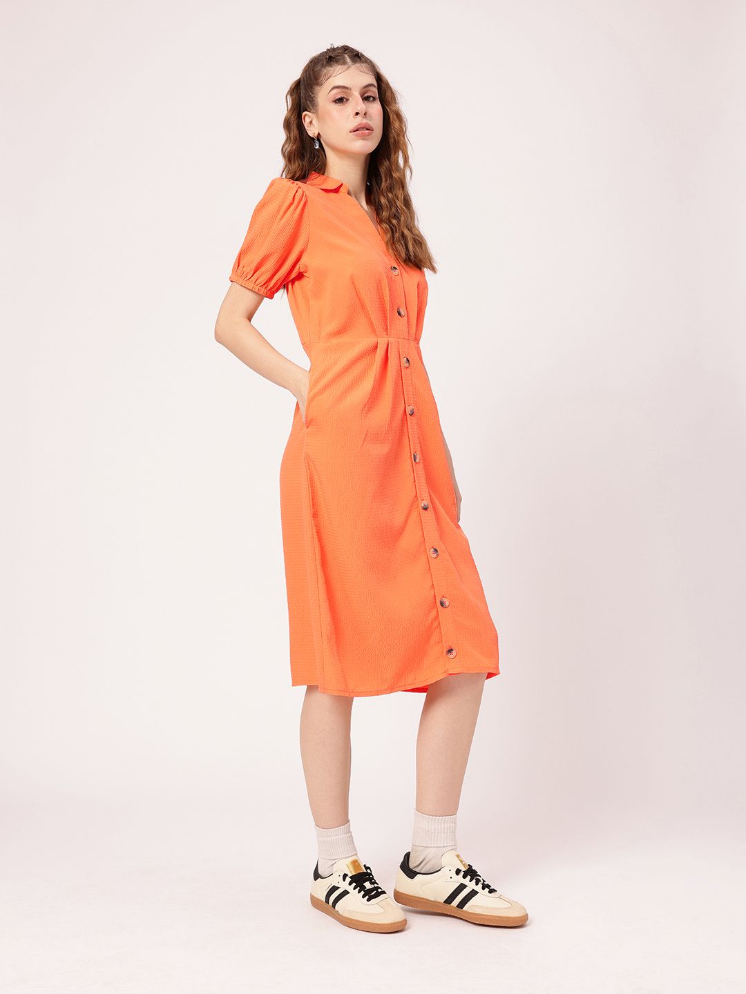 DressBerry Tangerine Pleated Seersucker Shirt Style Dress