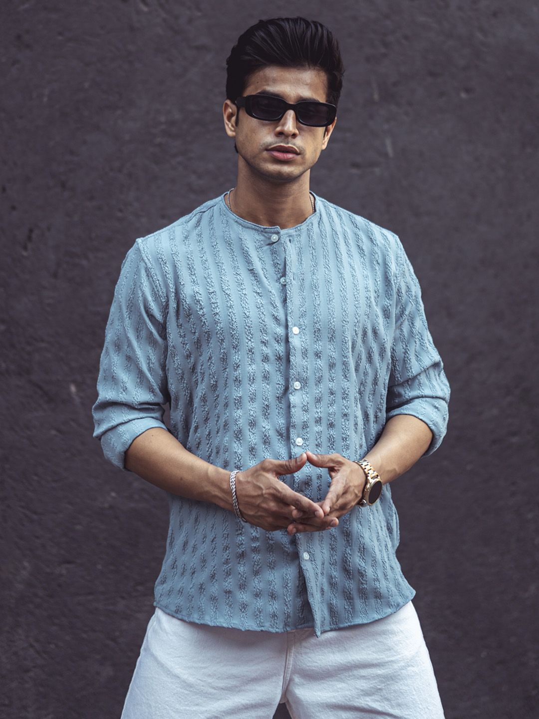 Powerlook Grey Mandarin Collar Opaque Knitted Casual Shirt