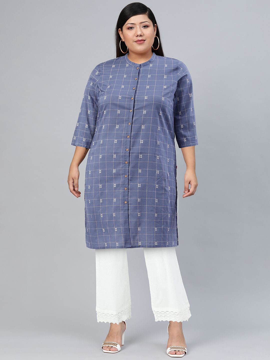 W Women Checked & Printed Cotton Straight Kurta