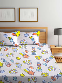 KLOTTHE Off White Conversational Cotton 300 TC Fitted King Bedsheet with 2 Pillow Covers-250 x 225 cm