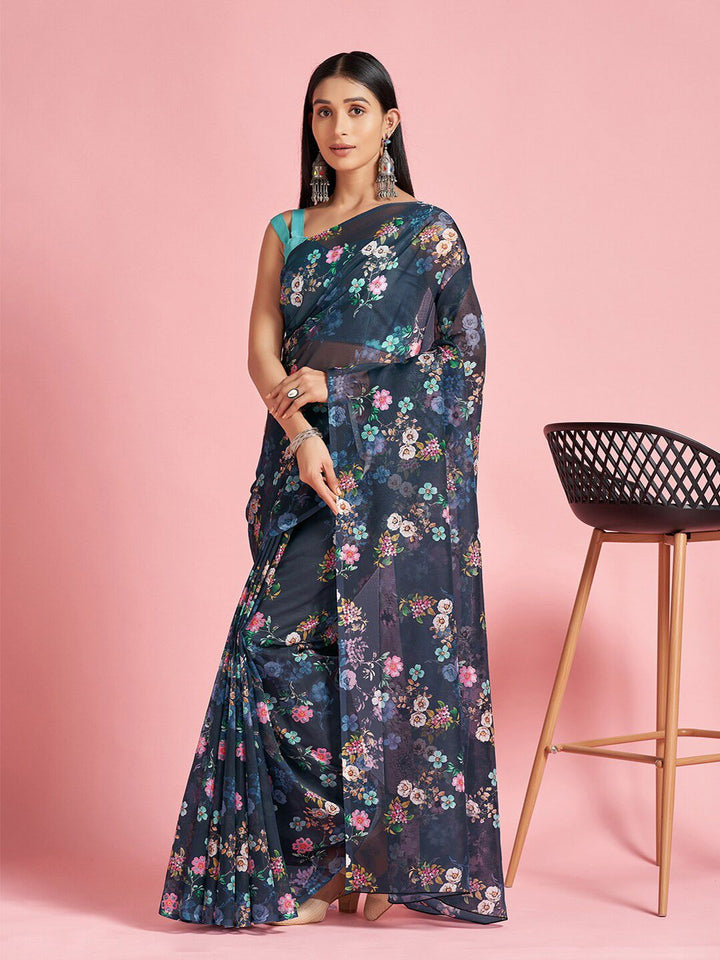 Saree mall Navy Blue & White Floral Printed Organza Sarees