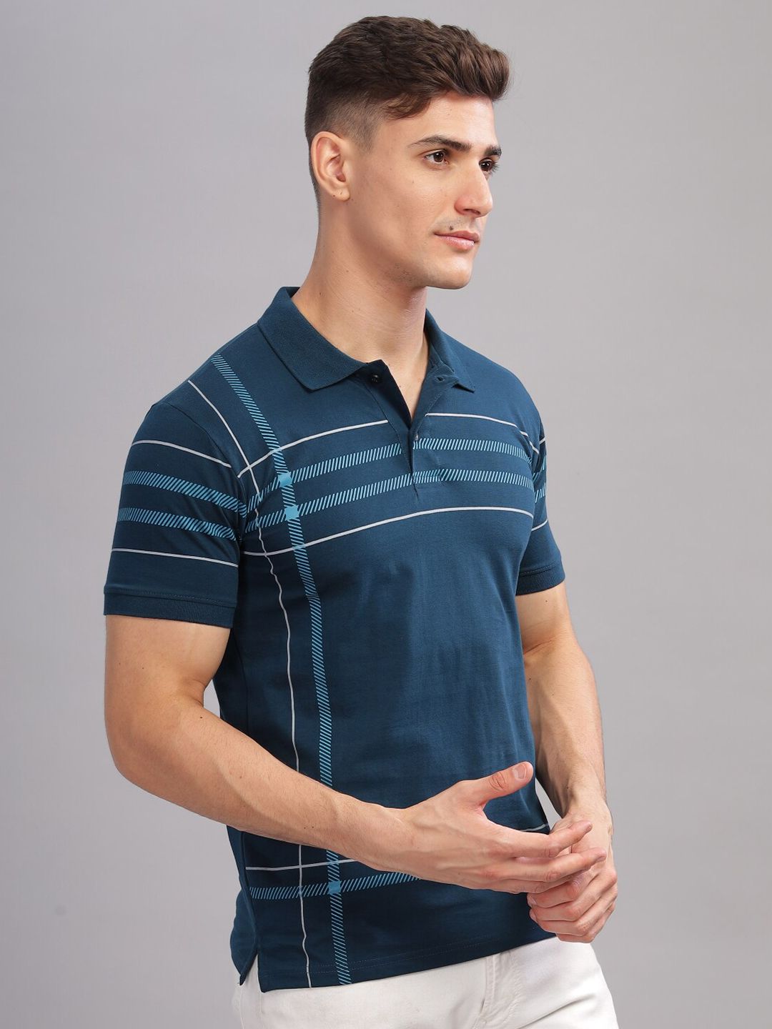 ADRO Striped Oversized Polo Collar Pure Cotton T-shirt