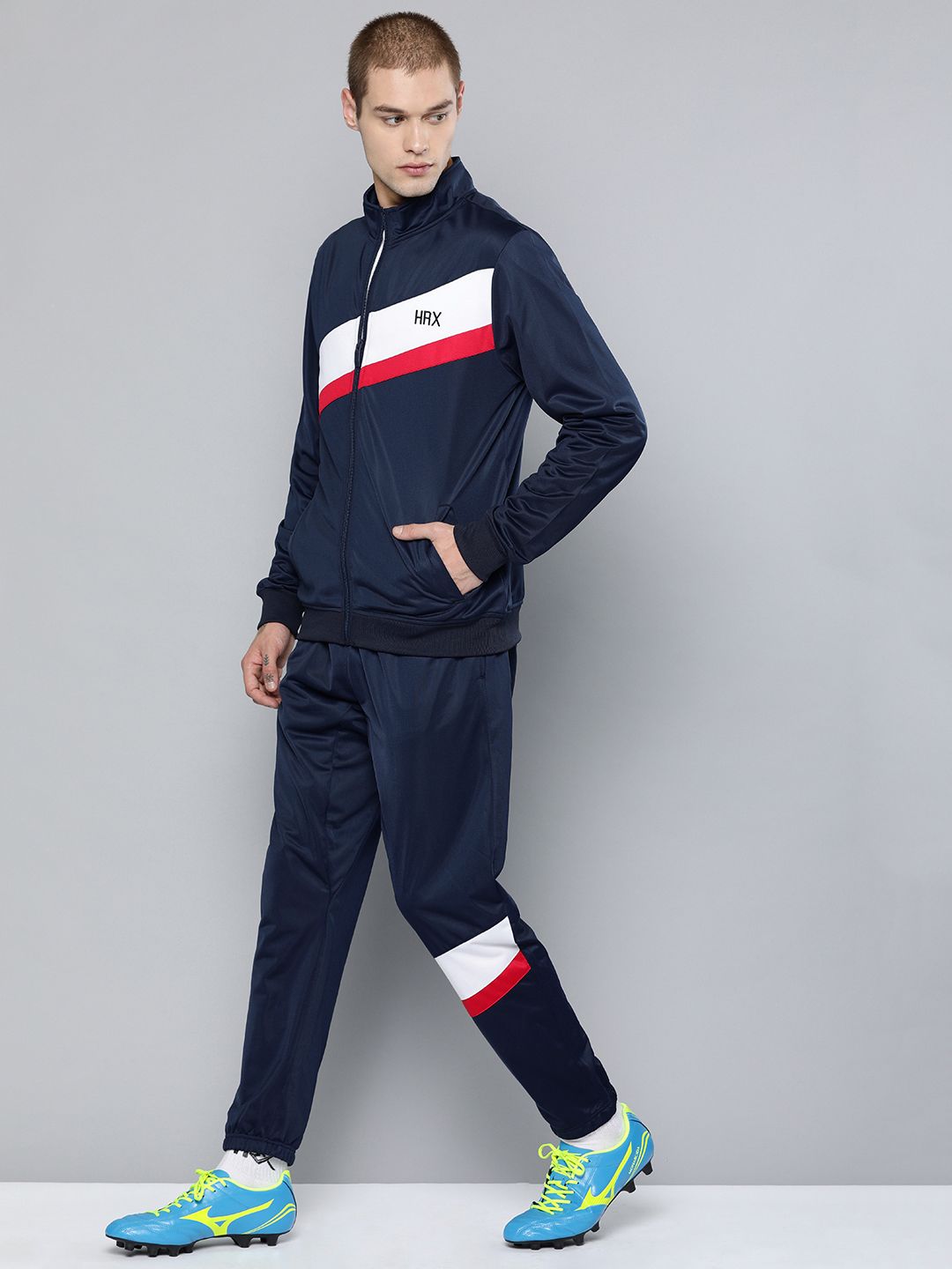 HRX by Hrithik Roshan Men Navy Blue & White Colourblocked Football Tracksuits