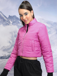 Tokyo Talkies Pink Mock Collar Crop Puffer Jacket