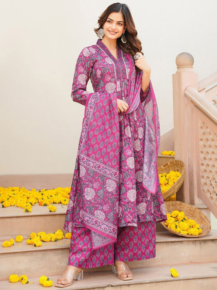 KALINI Women Floral Printed Pleated Kurta with Palazzos & With Dupatta