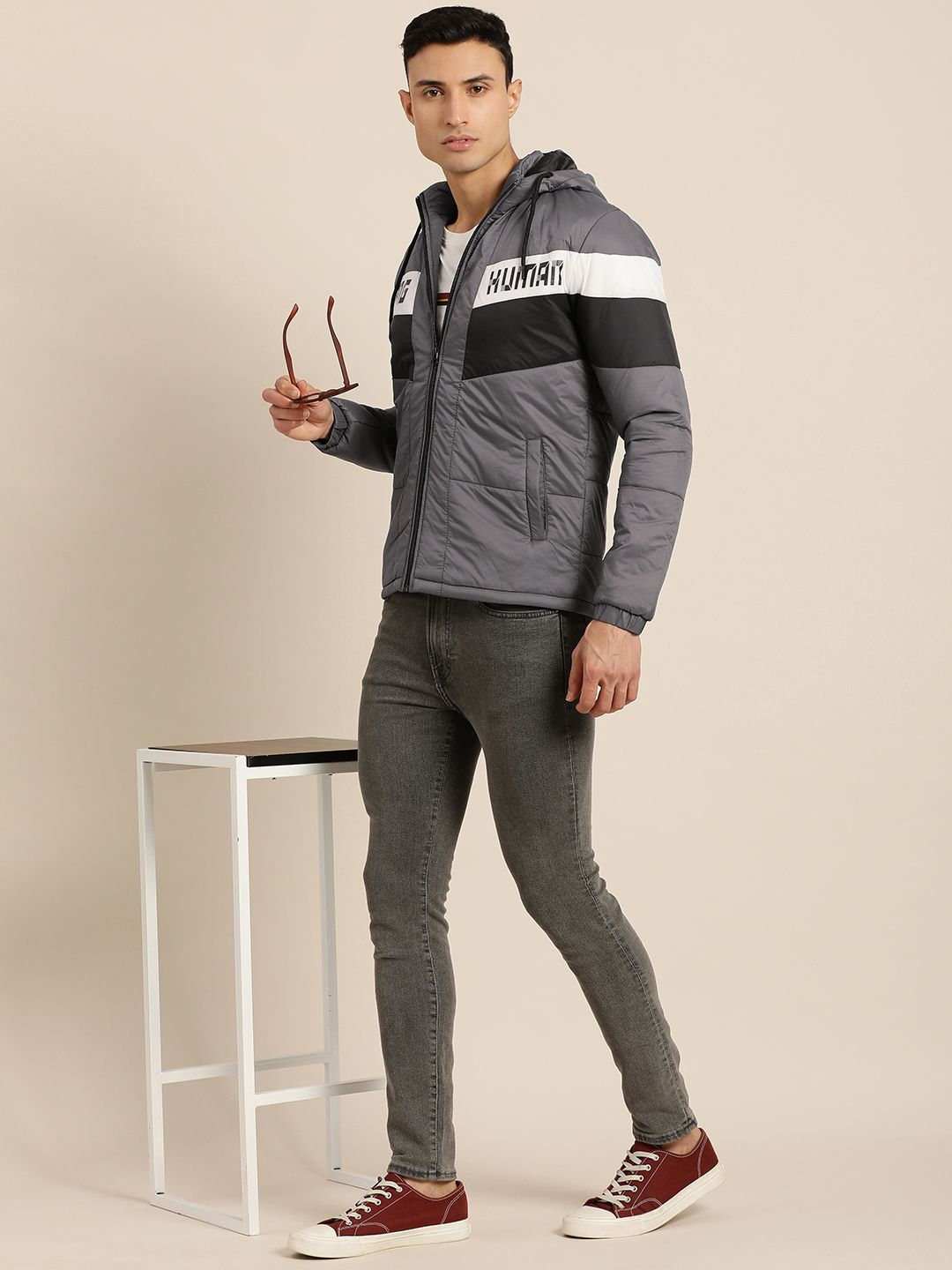 Being Human Men Grey Striped Hooded Padded Jacket with Brand Logo Detail