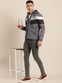 Being Human Men Grey Striped Hooded Padded Jacket with Brand Logo Detail