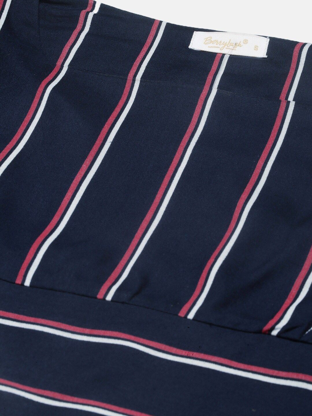 Berrylush Navy Blue & White Striped Bell Sleeves Cinched Waist Crop Top