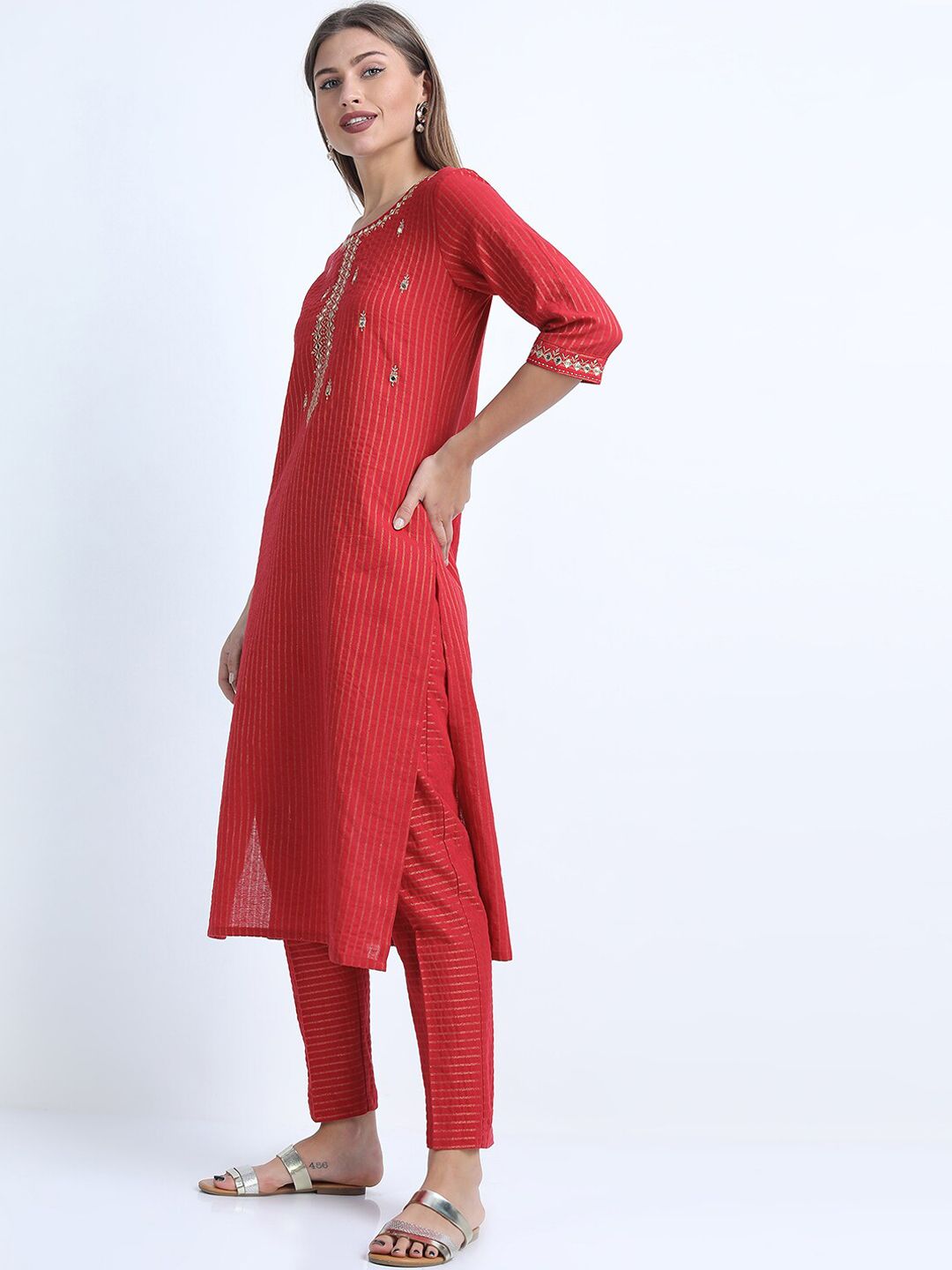 Vishudh Women Red Embroidered Pure Cotton Kurta with Trousers