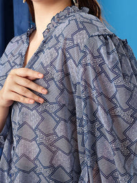 CURVY STREET Plus Size Lavender Geometric Printed Ruffles Shirt Style Top