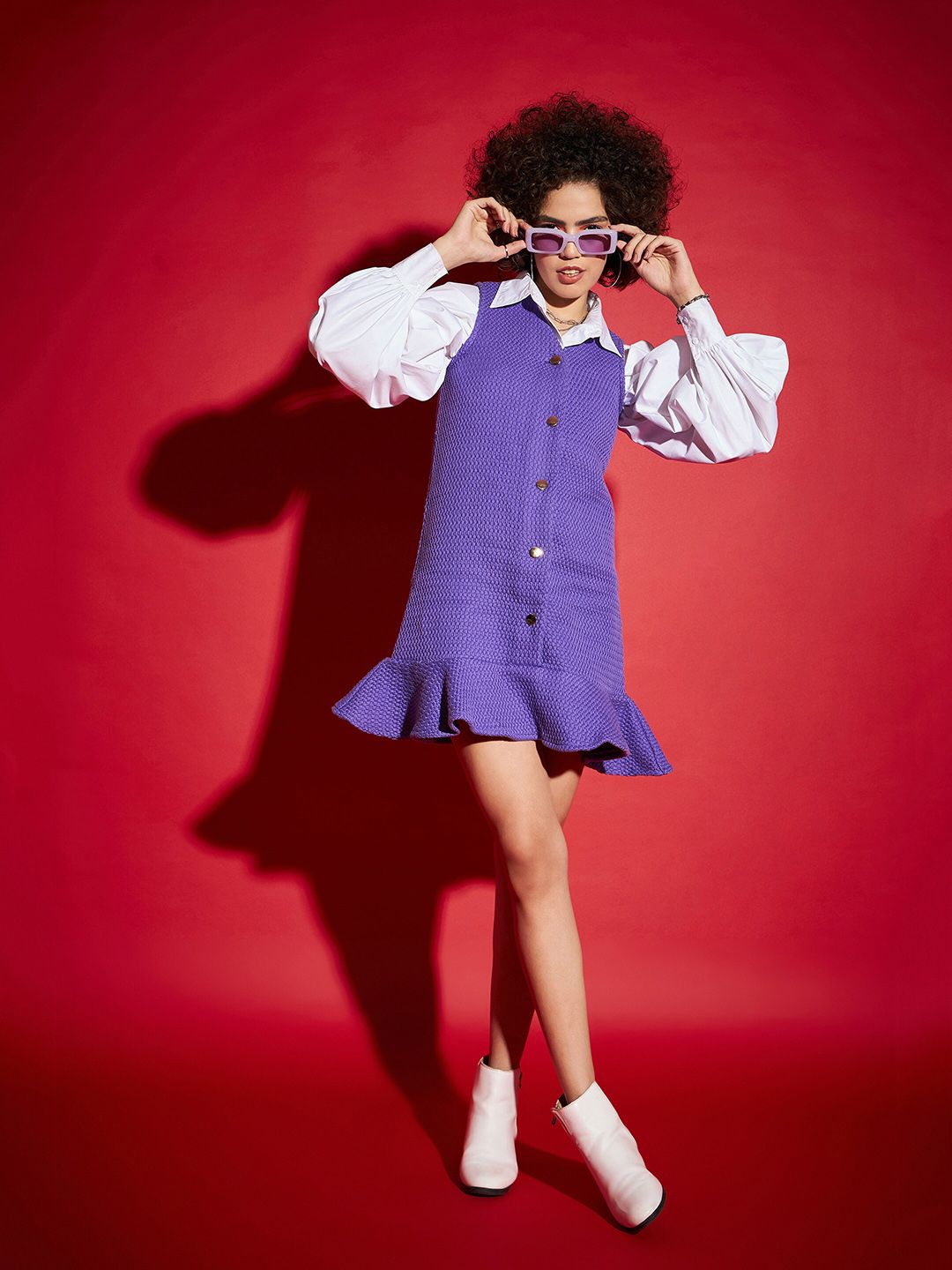 SASSAFRAS Purple Puff Sleeves Shirt Style Mini Dress