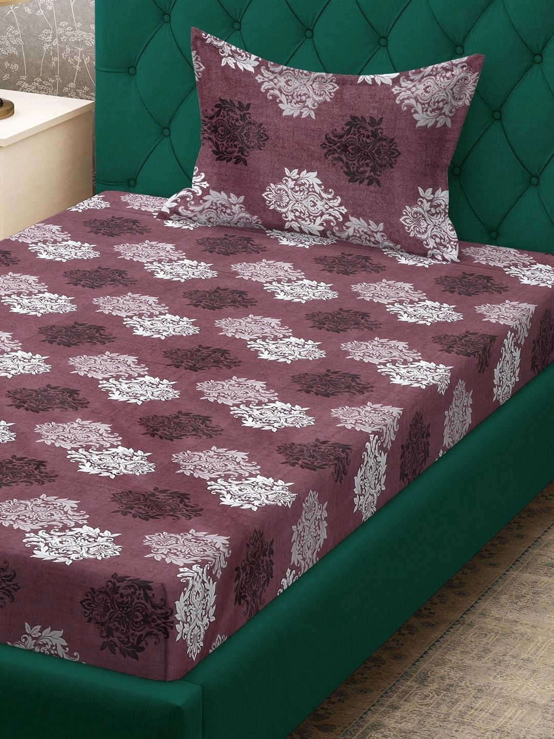 Moda Rapido X KLOTTHE Maroon Floral 400 TC Single Bedsheet with 1 Pillow Covers