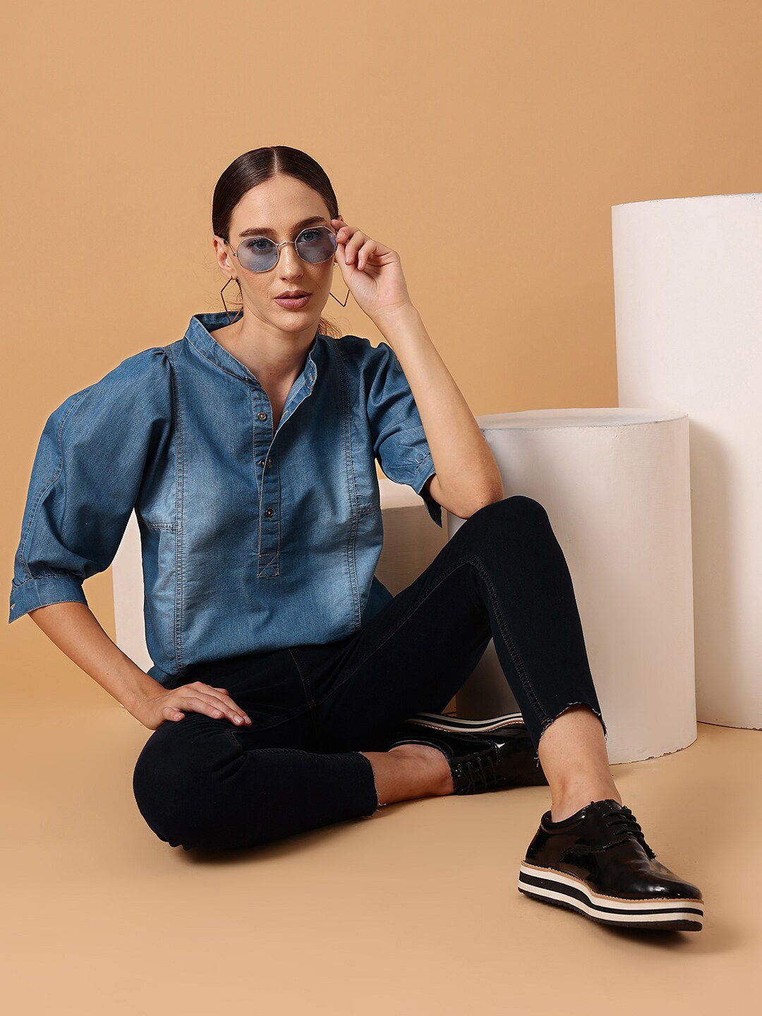 STREET 9 Puff Sleeves Pure Cotton Denim Mandarin Collar Shirt Style Top