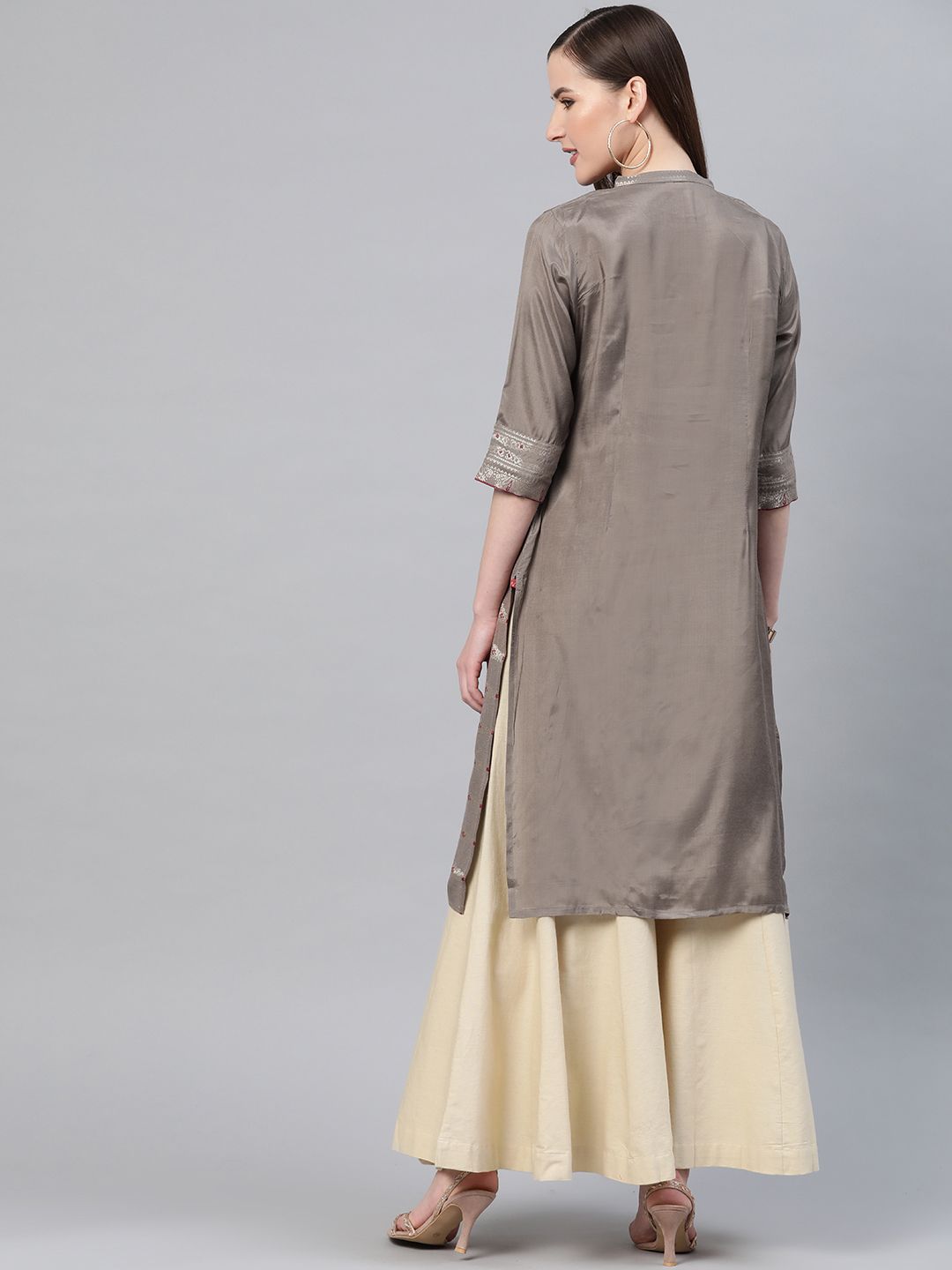 W Women Taupe & Golden Zari Woven Design Straight Kurta