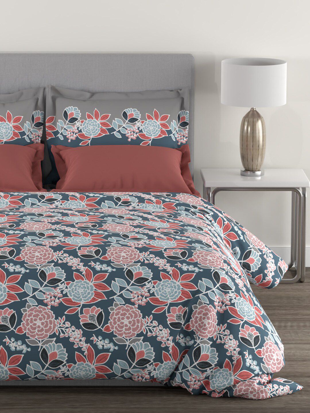 MYTRIDENT Blue  Green Floral Pure Cotton 144 TC Queen Bedsheet With 2 Pillow Covers