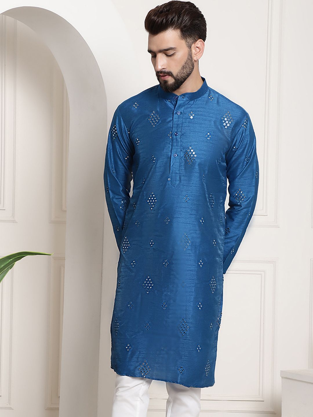 SOJANYA Ethnic Motifs Embellished Mirror Work Silk Cotton Kurta