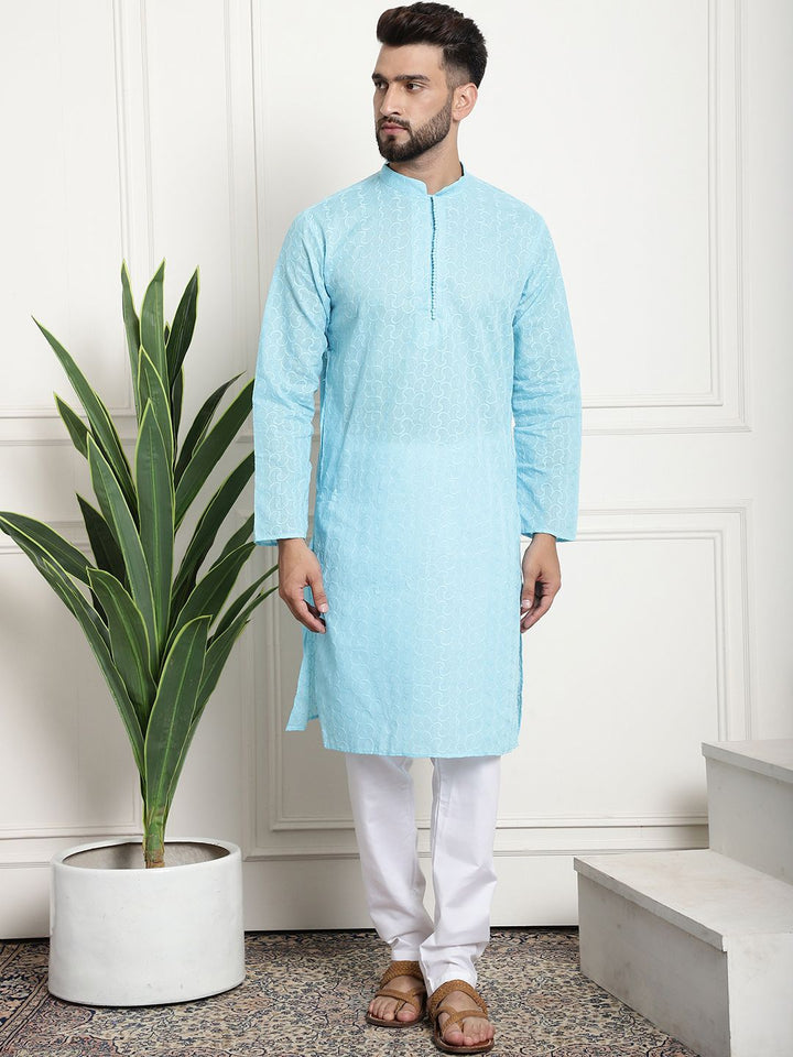 SOJANYA Men Blue Chikankari Pure Cotton Kurta with Churidar & Nehru Jacket