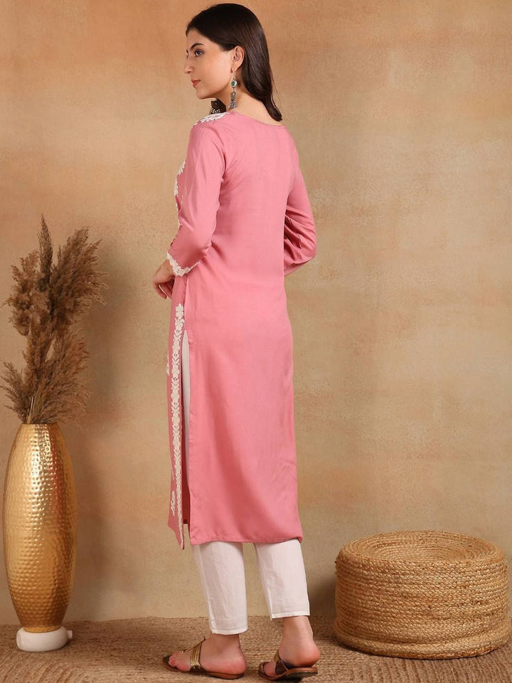 KALINI Floral Embroidered Notch Neck Chikankari Straight Kurta