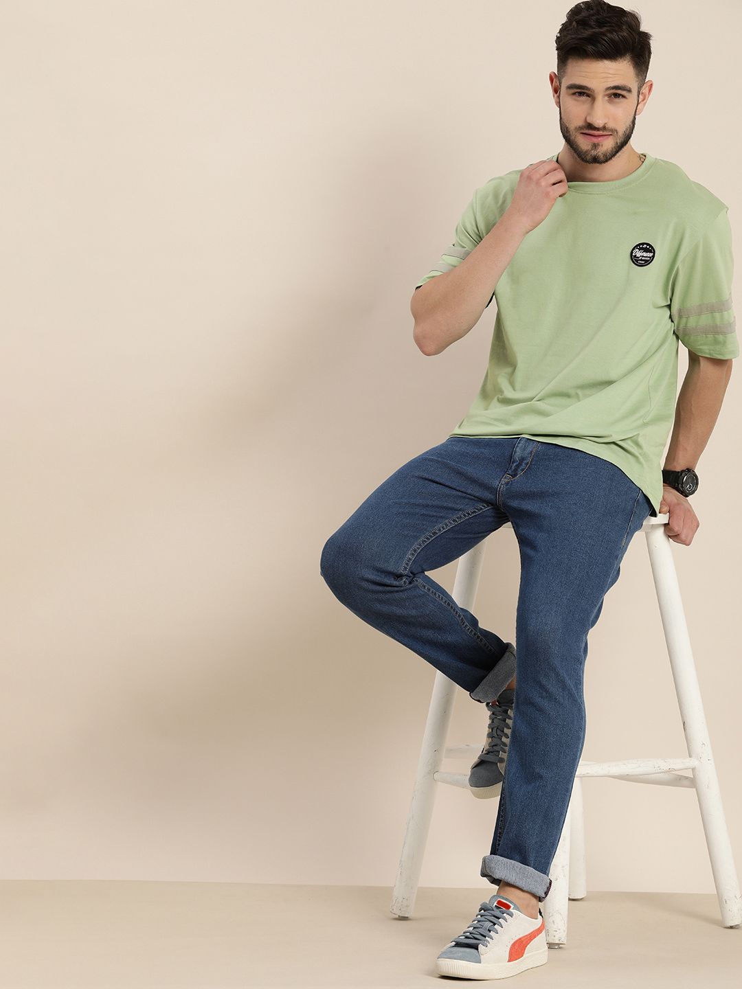 Difference of Opinion Men Mint Green Round Neck Drop-Shoulder Sleeves Cotton Loose T-shirt