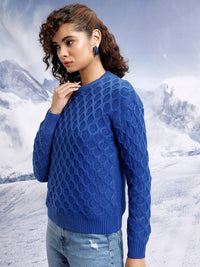 Tokyo Talkies Blue Open Knit Self Design Acrylic Pullover Sweater