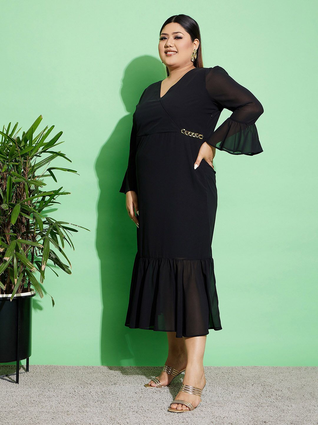 SASSAFRAS Curve Plus Size Bell Sleeves Chain Detail Wrap Dress
