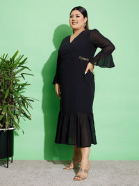 SASSAFRAS Curve Plus Size Bell Sleeves Chain Detail Wrap Dress