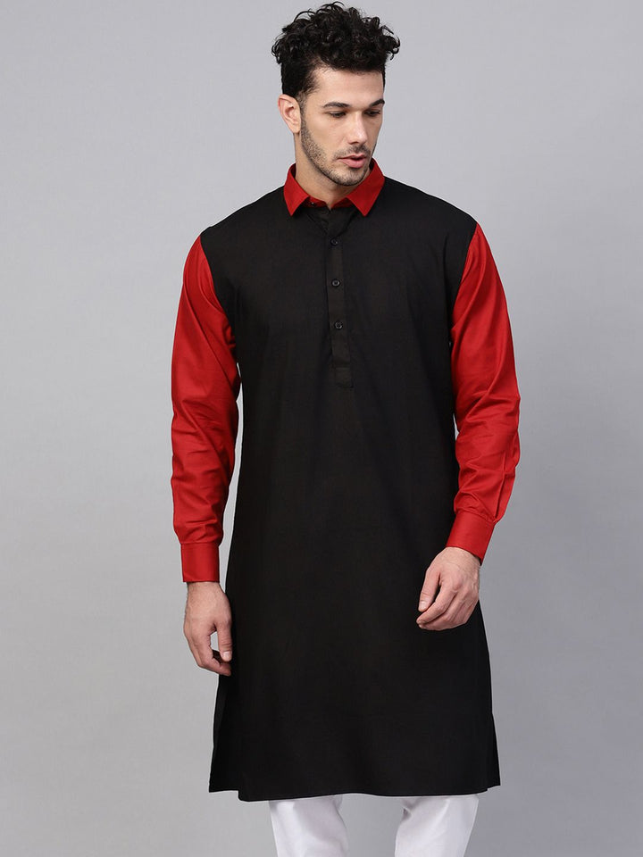 SOJANYA Lelaki Kurta Lurus Pepejal Hitam & Merah