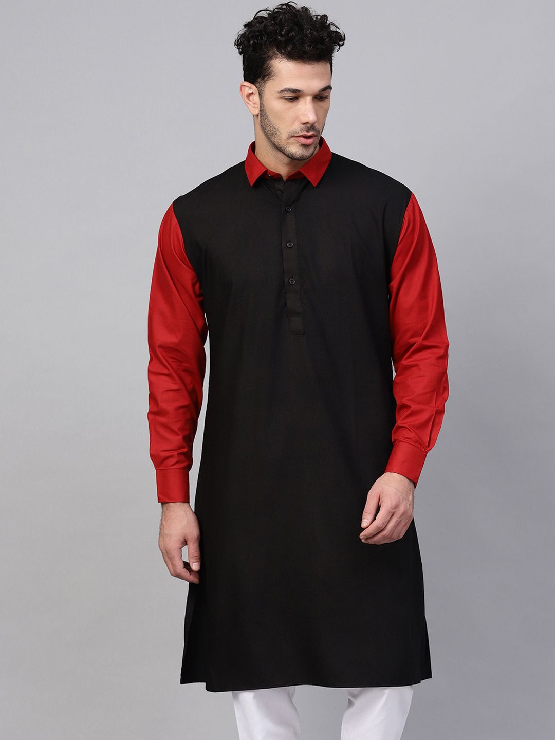 SOJANYA Lelaki Kurta Lurus Pepejal Hitam & Merah