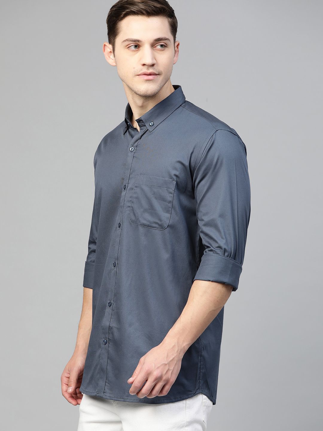 DENNISON Men Charcoal Grey Smart Slim Fit Solid Water & Stain Repellent Casual Shirt