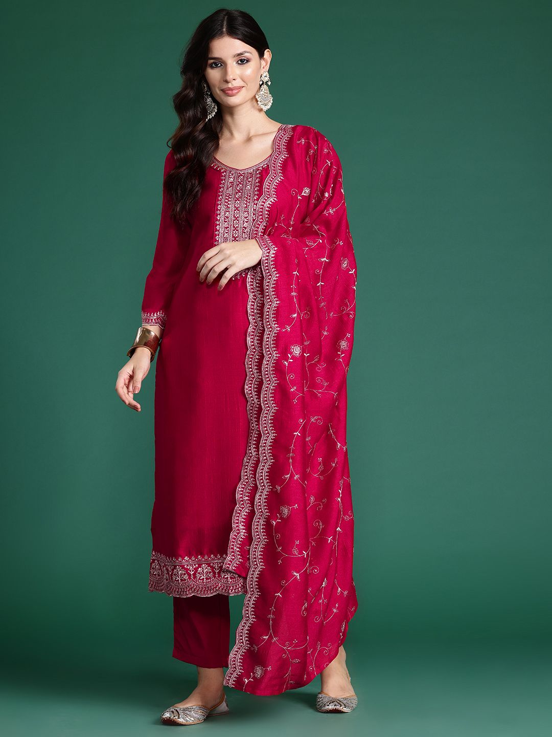 Indo Era Ethnic Motifs Embroidered Sequinned Kurta With Trousers & Dupatta
