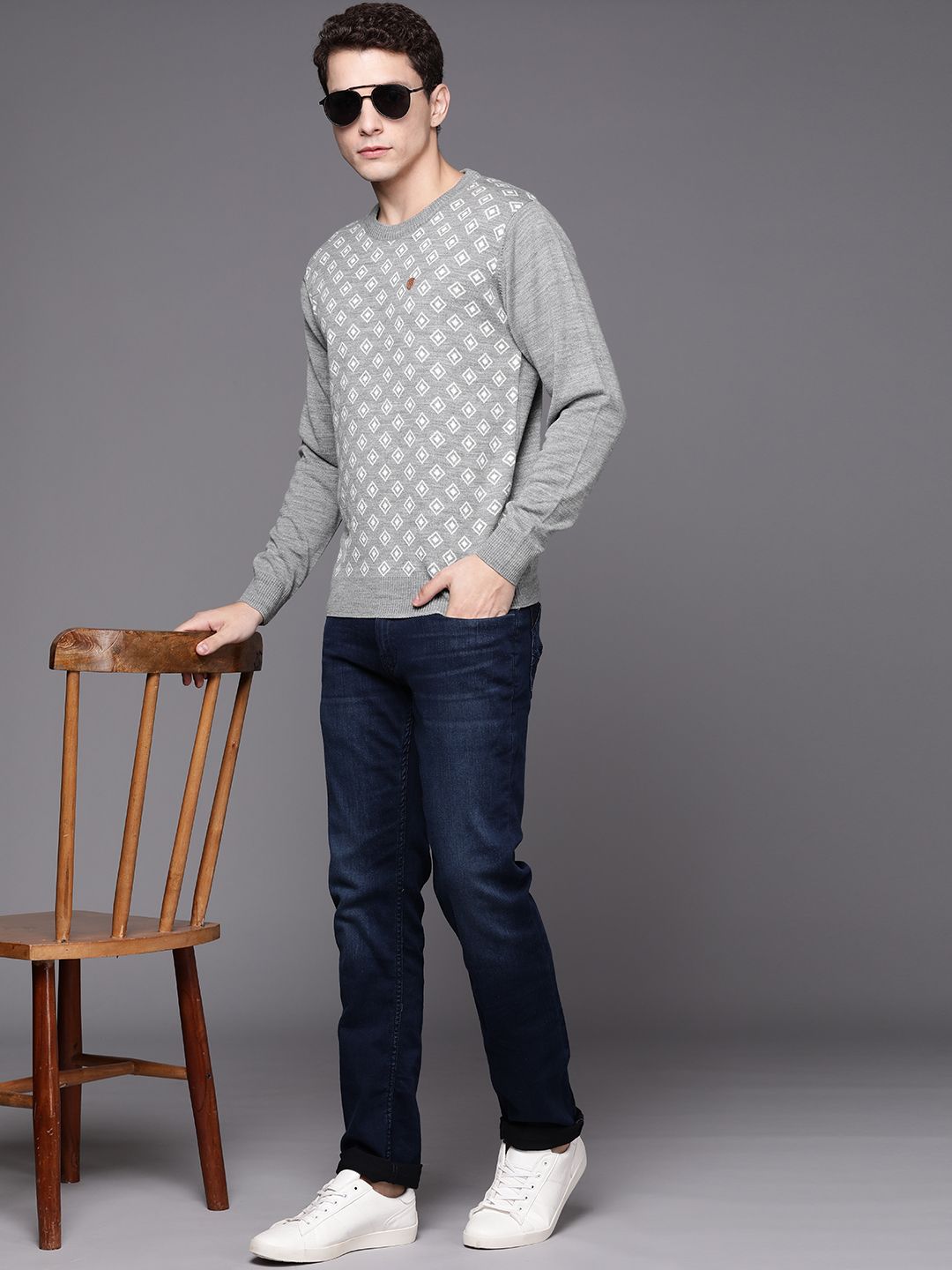 Raymond Men Grey Melange & White Self-Design Pullover