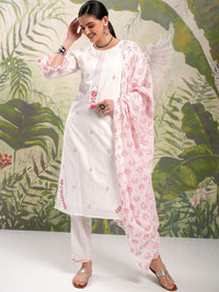 Vishudh Embroidered Regular Thread Work Pure Cotton Kurta with Trouser & Dupatta