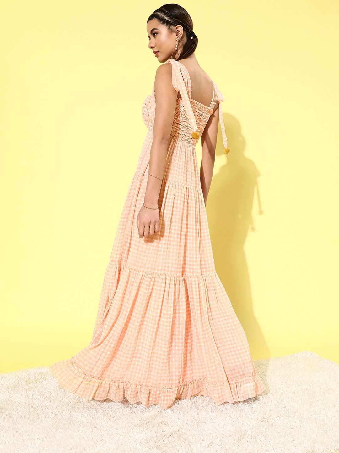 QUIERO Women Classic Peach Checked Summer Gingham Dress