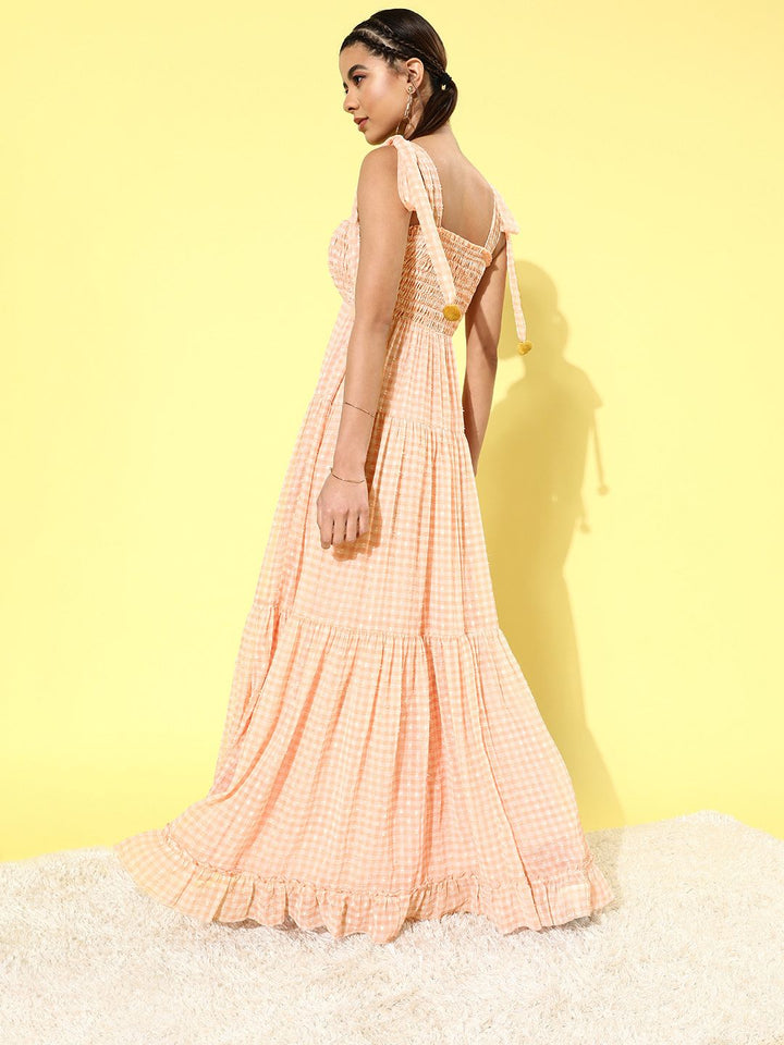 QUIERO Women Classic Peach Checked Summer Gingham Dress