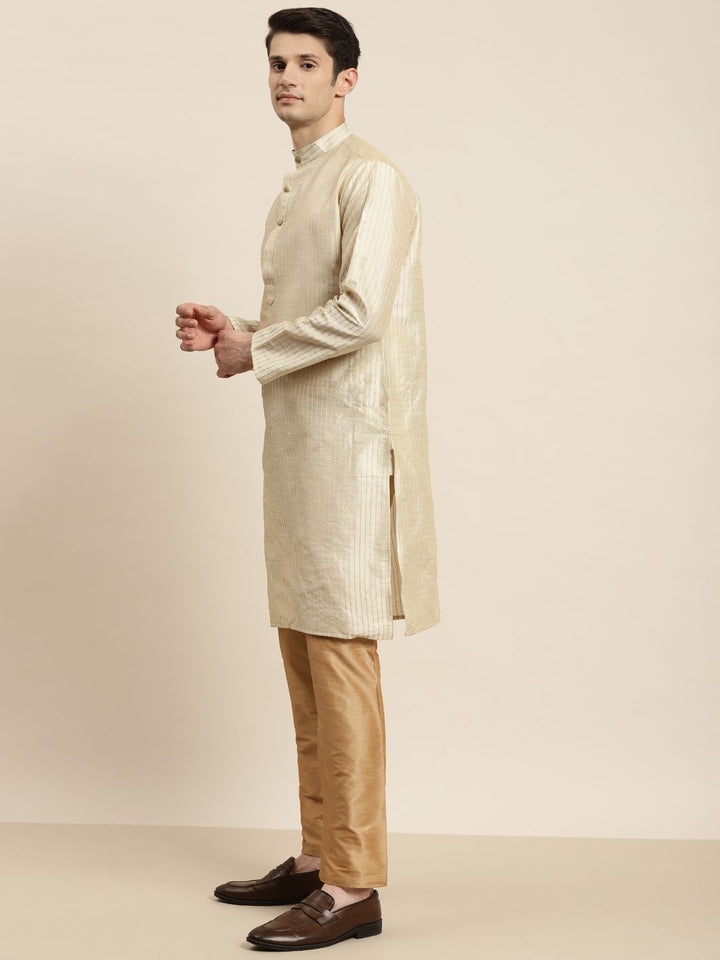 SOJANYA Men Beige Striped Kurta with Pyjamas & Nehru Jacket