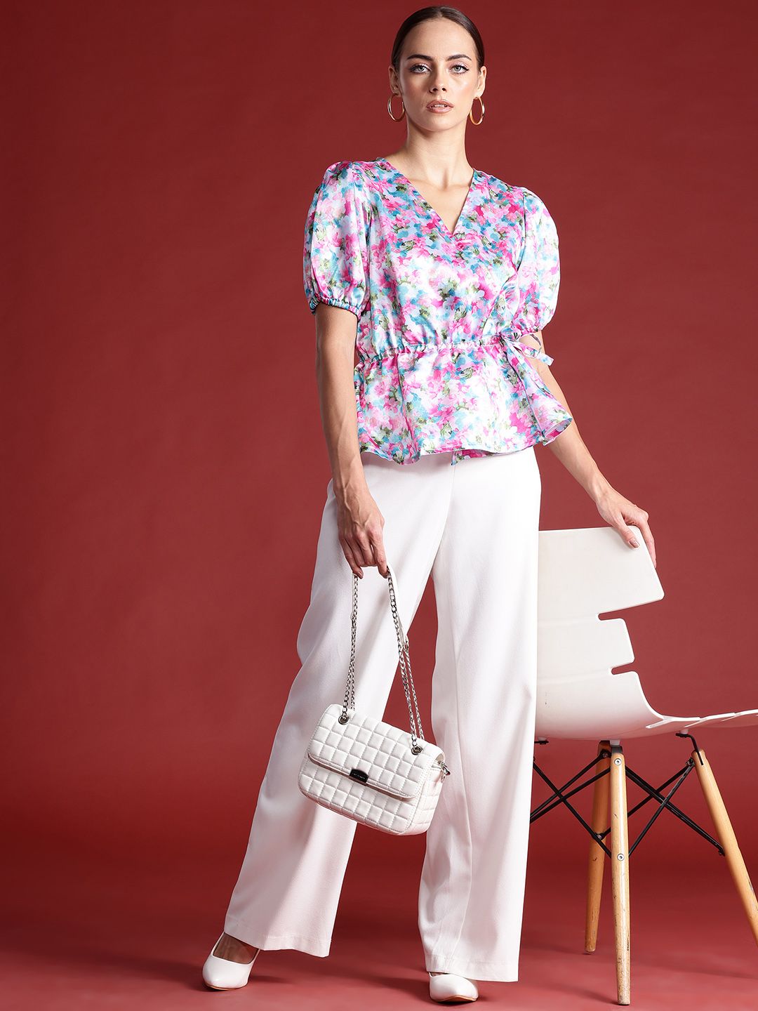 all about you Floral Print Puff Sleeve Cinched Waist Top